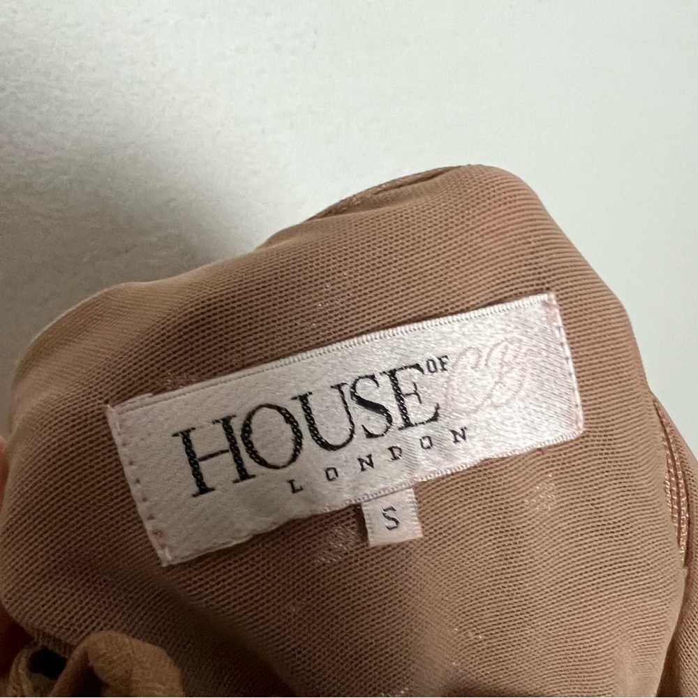 House of CB Fornarina Organza Mesh Ruched Maxi Dress Tan Size Small - Picture 12 of 12